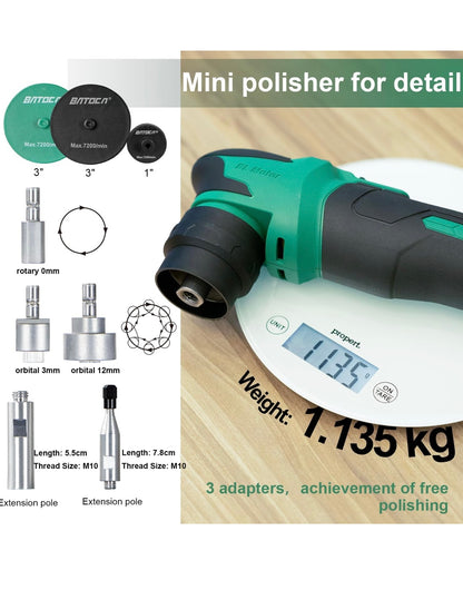 BATOCA minibatteri polermaskin S4, tvåfunktions roterande och orbital polermaskiner, borstlös motor, professionell detaljpoleringssats med 2 x 2,5Ah 12V batterier,2000-5500PRM